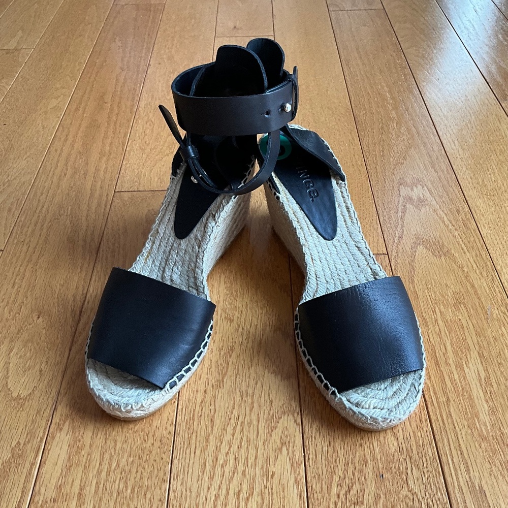 NWOT VINCE Black Leather Wedge Espadrilles Size 8